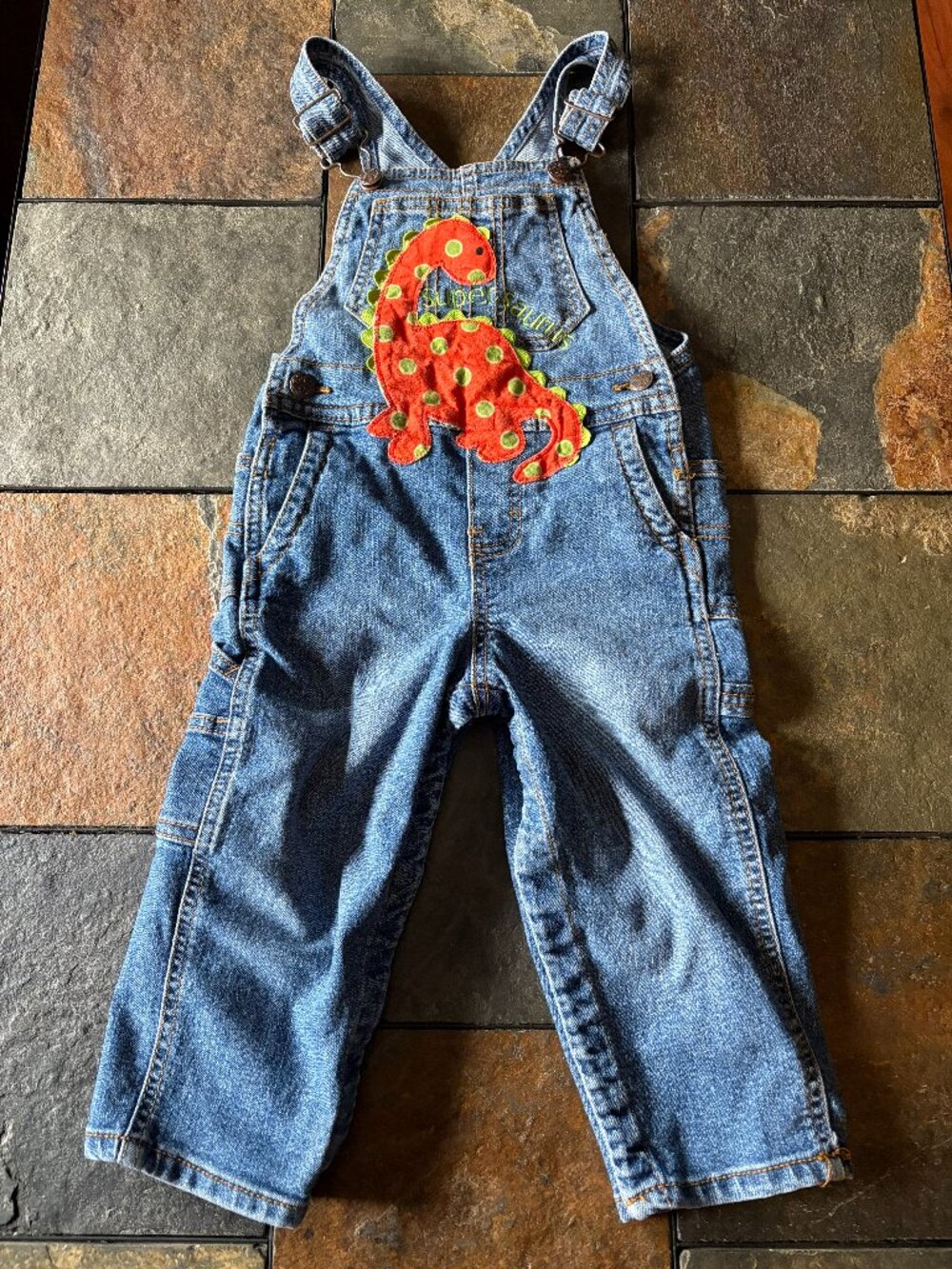 OshKosh B'gosh dinosaur patch denim overalls size 24 months